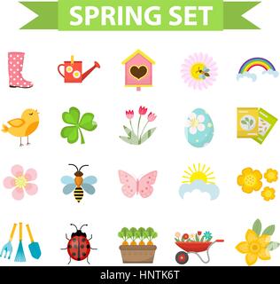 Spring icons set, flat style. Gardening cute collection of design elements, isolated on white background. Nature clip art. Vector illustration. Stock Vector