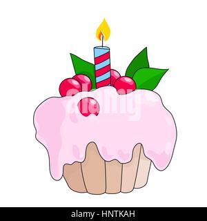 Birthday cupcake with burning candle. Pink berry cake Stock Vector