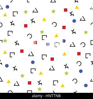 Seamless geometric vector pattern triangles squares circles stars uncompleted shapes colorful grey yellow blue green red Stock Vector