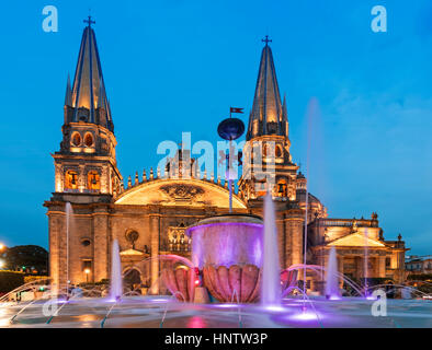 Stock Photo - Municipal Cathedral of Guadalajara, Mexico, night shot, illuminated, blue sky Stock Photo