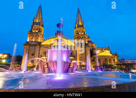 Stock Photo - Municipal Cathedral of Guadalajara, Mexico, night shot, illuminated, blue sky Stock Photo