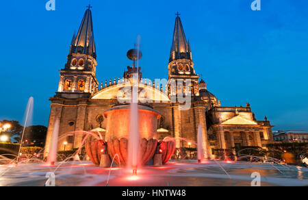 Stock Photo - Municipal Cathedral of Guadalajara, Mexico, night shot, illuminated, blue sky Stock Photo