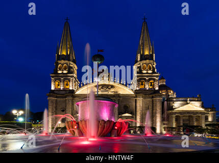 Stock Photo - Municipal Cathedral of Guadalajara, Mexico, night shot, illuminated, blue sky Stock Photo