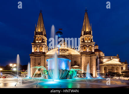 Stock Photo - Municipal Cathedral of Guadalajara, Mexico, night shot, illuminated, blue sky Stock Photo