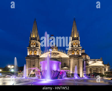 Stock Photo - Municipal Cathedral of Guadalajara, Mexico, night shot, illuminated, blue sky Stock Photo