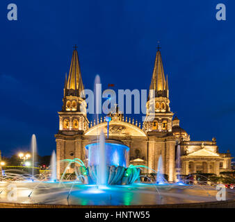 Stock Photo - Municipal Cathedral of Guadalajara, Mexico, night shot, illuminated, blue sky Stock Photo