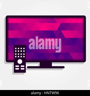 Remote control and TV with a colored triangles forming a gradient, purple to pink, on the screen. Stock Vector