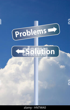 Problems vs solution ahead road sign concept, against white stormy cloud and blue sky background Stock Photo