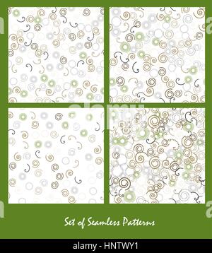 Set of seamless patterns. Spirals and circles color spring design. Bright abstract decorative backgrounds. Vector illustration. Stock Vector