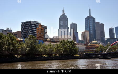 Melbourne, Australia - Jan 4, 2017. Looking across the Yarra River to the city of Melbourne. Skyscrapers of Melbourne Central Business District in Aus Stock Photo