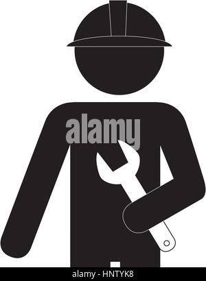 monochrome pictogram with half body worker with helmet and wrench vector illustration Stock Vector