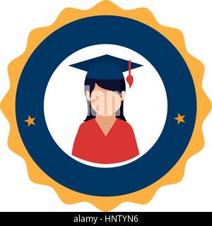 colorful circular emblem with woman with graduation hat vector illustration Stock Vector