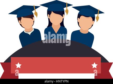 colorful emblem with ribbon and students graduates vector illustration Stock Vector