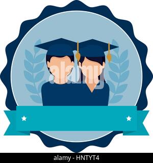 stamp frame with couple people graduated and ribbon vector illustration Stock Vector