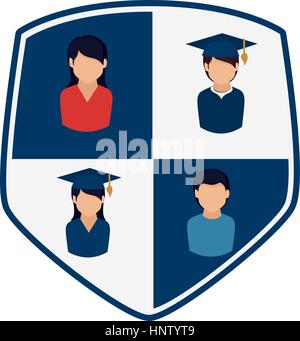 shield with silhouettes people professional and graduate vector illustration Stock Vector