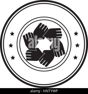circular frame with silhouette hands teamwork vector illustration Stock Vector
