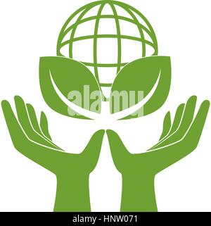 color sketch with world and leaves holding the hands vector illustration Stock Vector