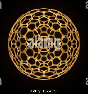 conceptual 3d illustration of spherical graphene structure with big holes. golden version. Stock Photo