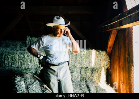 Caucasian farmer in barn talking on cell phone Stock Photo