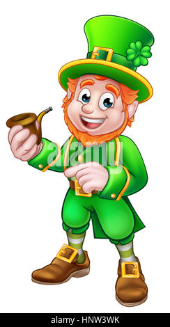 Cartoon Leprechaun St Patricks Day character holding a pipe and pointing Stock Photo