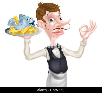 An Illustration of a Cartoon Butler Holding Fish and Chips Stock Photo
