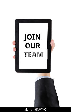 hand of businessman holding digital tablet with word join our team isolated on white background with clipping path Stock Photo