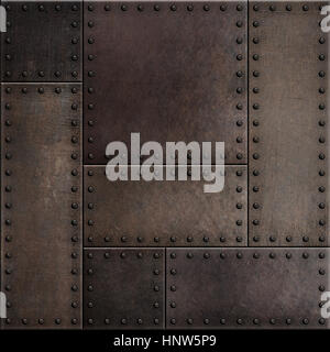 Dark rusty metal plates with rivets seamless background Stock Photo