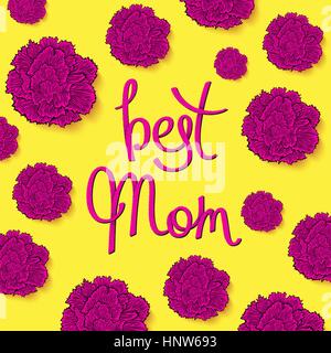 Best Mom. Floral greeting cards with carnations in 80-90s style.  Decorative halftone lettering. Vector illustration Stock Vector