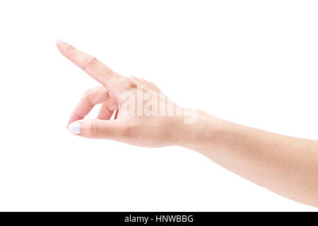 female's hand with index finger point upward, isolated on white background. Stock Photo