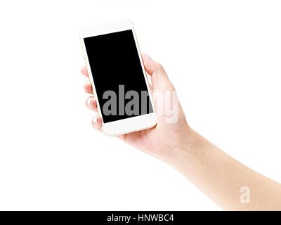 hand of a female holding a mobile phone with black blank screen, isolated on white background. Stock Photo