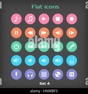 Vector Round Music Flat Icon Set ?4 in Color Variation. Stock Vector