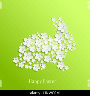 Abstract Vector Easter Rabbit Bunny of White Flowers on Green Background. Valentines day card Stock Vector