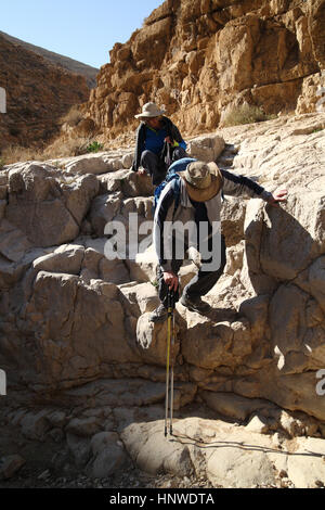 A senior citizen hiker uses his hand and hiking sticks for support coming down a high and dry waterfall, his friend follows him, Judean Desert, Israel Stock Photo