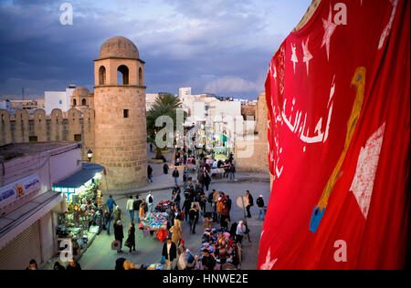 Tunez: Sousse.Rue de France, in background at left the Great Mosque. To the right a political advertisement Stock Photo