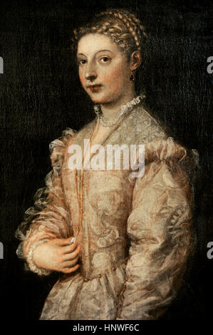 Titian (1489/1490-1576). Italian painter. Portrait of a young woman. Farnese Collection. National Museum of Capodimonte. Naples. Italy. Stock Photo