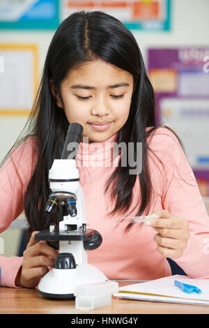 Female Student With Microscope In Science Class Stock Photo