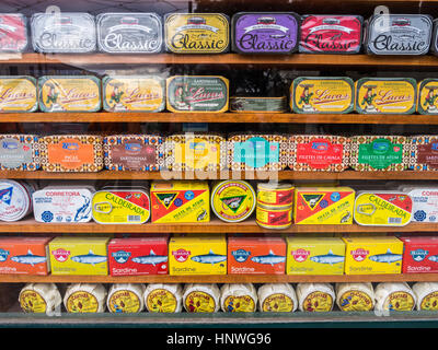 LISBON, PORTUGAL - JANUARY 10, 2017: Different types of sardines and other typical Portuguese products sold in the old town of Lisbon. Stock Photo