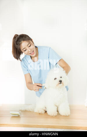 Smiling nurse taking care of pet Stock Photo