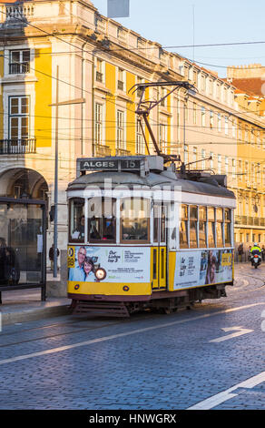 LISBON, PORTUGAL - JANUARY 10, 2017: Old tram on the Praca do Comercio (Commerce Square) in Lisbon, Portugal.