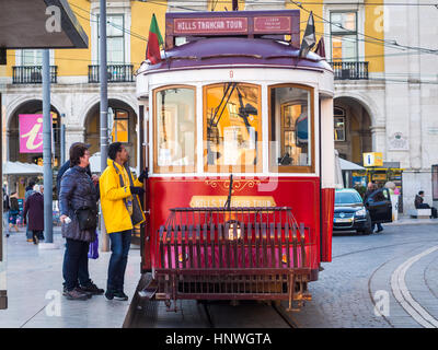 LISBON, PORTUGAL - JANUARY 10, 2017: Old tram on the Praca do Comercio (Commerce Square) in Lisbon, Portugal. Stock Photo