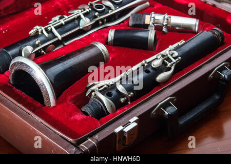 clarinet, wind instrument, disassembled and placed in the case Stock Photo