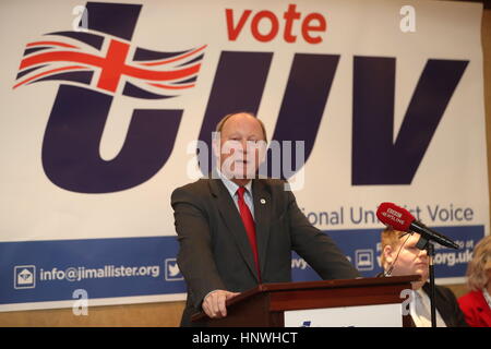 Jim Allister, leader of the TUV (Traditional Unionist Voice), at the launch in Belfast of his party's manifesto for the Northern Ireland Assembly elections at the start of March. Stock Photo