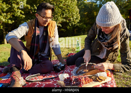 Couple preparing fresh picnic food on cutting board in park Stock Photo