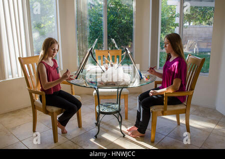 Two teenage artist sisters drawing and painting canvases in conservatory
