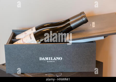 Somebottles of barolo wine on sale at whine shop Damilano vinery at La Morra in Barolo district, along wine route, Langhe region Cuneo, Piedmont Italy Stock Photo
