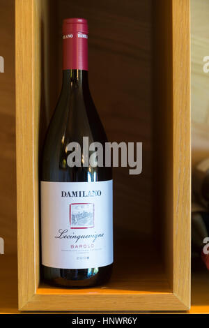 A bottle of barolo wine on sale at whine shop Damilano vinery at La Morra in Barolo district, along wine route, Langhe region Cuneo, Piedmont Italy Stock Photo