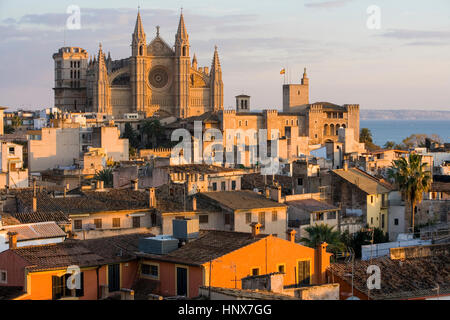 Cityscape with La Seu Cathedral and rooftops, Palma de Mallorca , Majorca, Spain Stock Photo