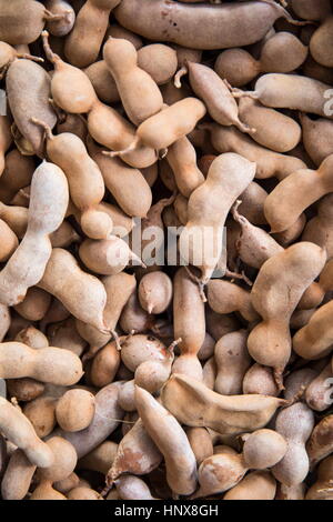 Overhead close up of raw tamarind pods, Reunion Island Stock Photo