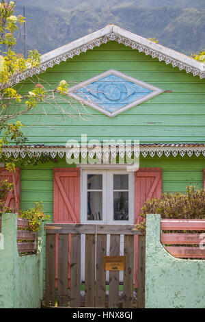 Traditional green painted wooden house, Reunion Island Stock Photo