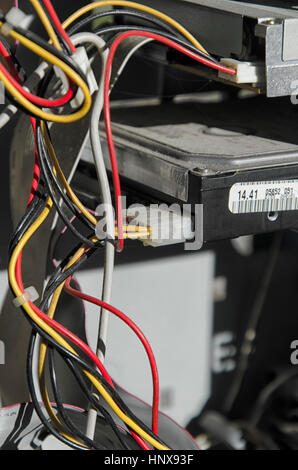 View of the electrical connections of an old computer Stock Photo